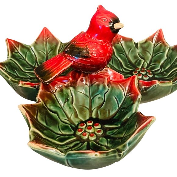 Cardinal Christmas Serving Dish Holly Leaf Relish Tray Candy Nuts Vintage - Picture 4 of 10